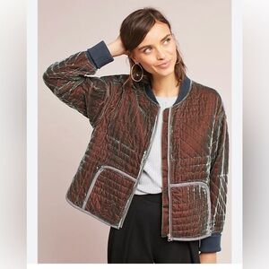 Quilted Velvet Bomber Jacket in Deep Green with Orange Lining from Anthropologie